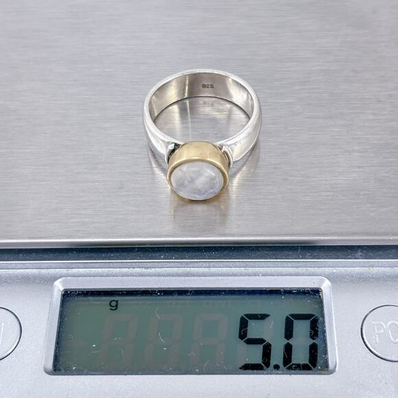 Rainbow Moonstone Gold Accent Bezel Ring | Sterling Silver 925 | Size 6 - Picture 15 of 15